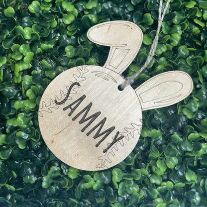 Personalized Easter Basket Tag, Baseball Bunny Ears, Custom Name Wood Tag