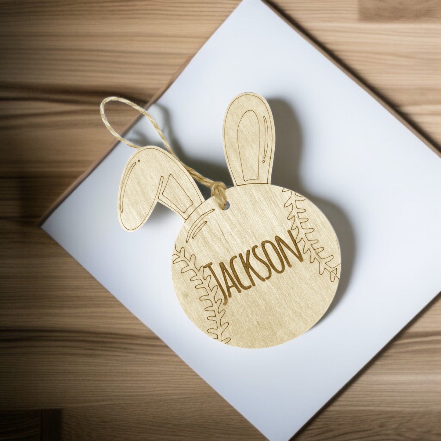 Personalized Easter Basket Tag, Baseball Bunny Ears, Custom Name Wood Tag
