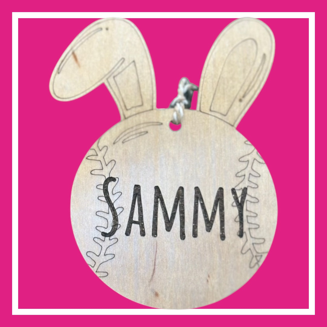 Personalized Easter Basket Tag, Baseball Bunny Ears, Custom Name Wood Tag