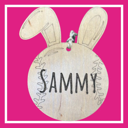 Personalized Easter Basket Tag, Baseball Bunny Ears, Custom Name Wood Tag