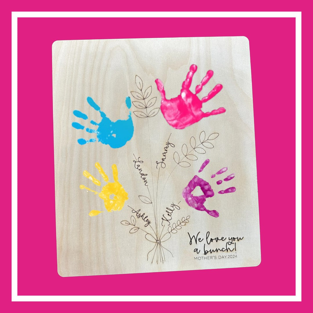 Mother's Day Gift, Custom Handprint Bouquet Sign, Personalized Wood Engraved Decor