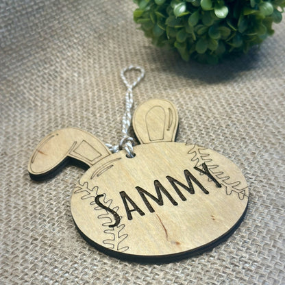 Personalized Easter Basket Tag, Baseball Bunny Ears, Custom Name Wood Tag