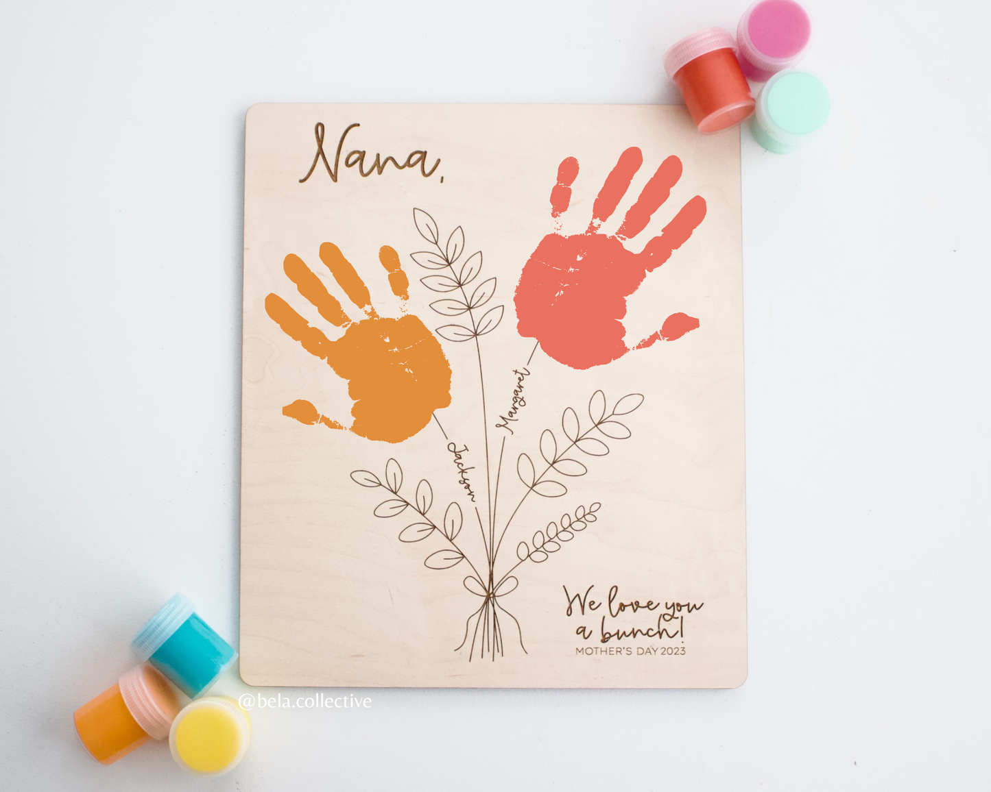 Mother's Day Gift, Custom Handprint Bouquet Sign, Personalized Wood Engraved Decor