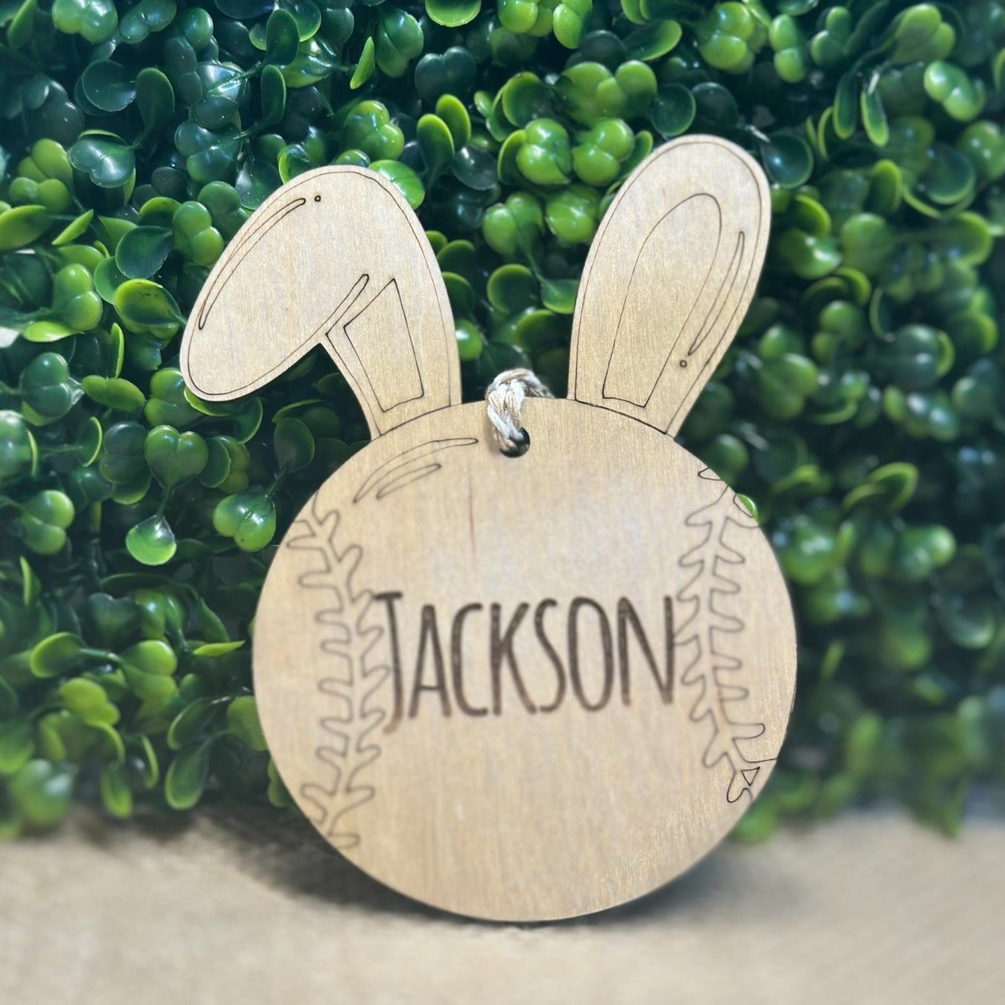 Personalized Easter Basket Tag, Baseball Bunny Ears, Custom Name Wood Tag